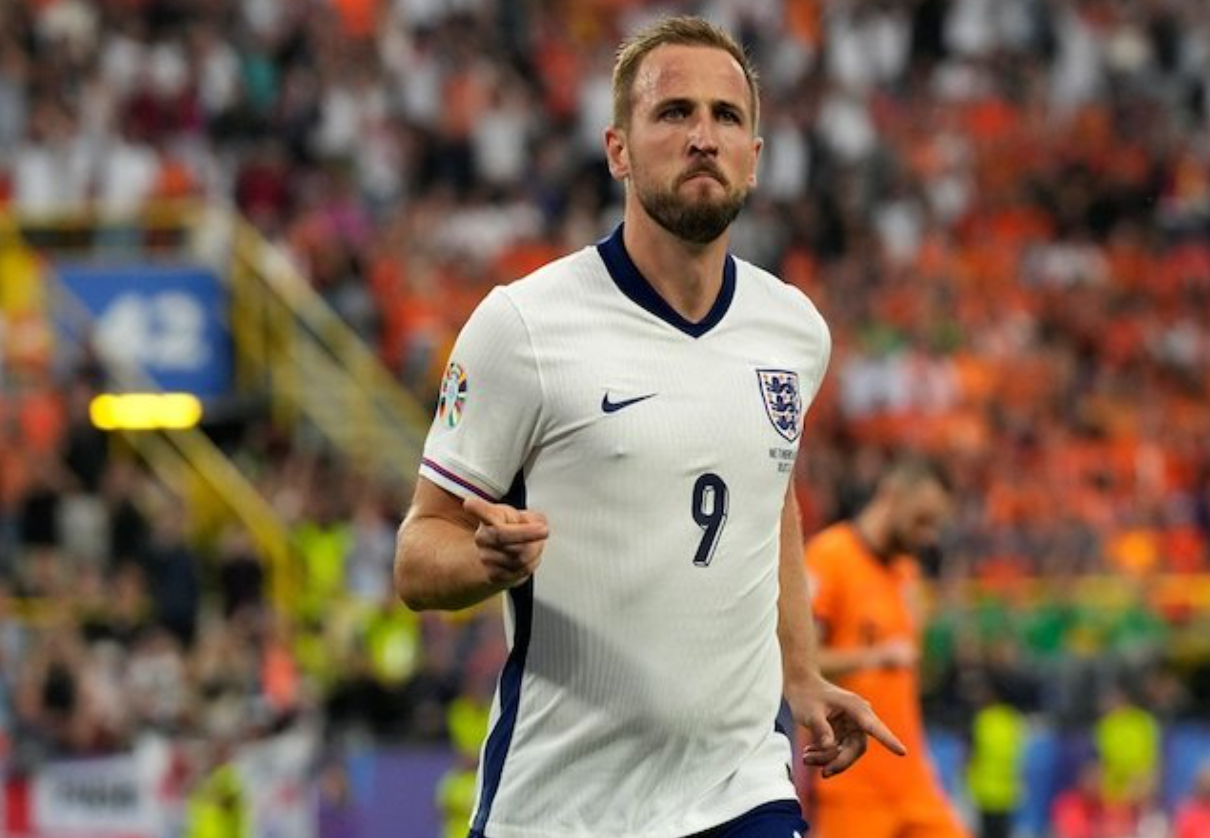 Selebrasi Harry Kane setelah mencetak gol melawan Belanda di semifinal Euro 2024. (c) AP Photo/Frank Augstein